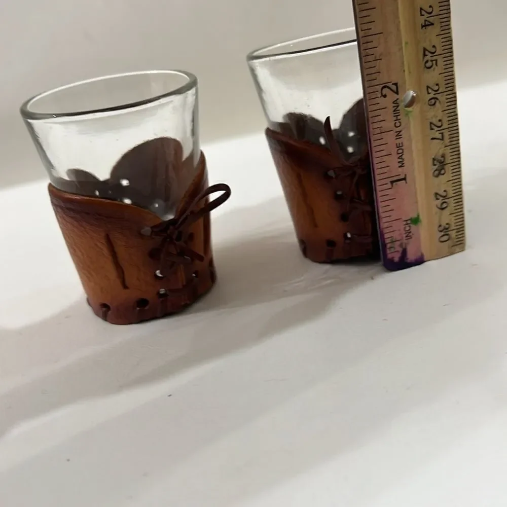 Brown Leather Corset Heart Shot Glasses Candle Holders 2 1/2 In Tall 1 3/4 Round